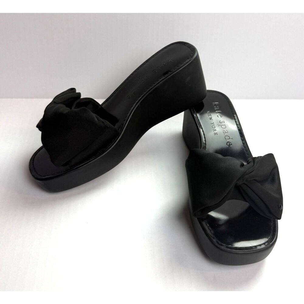 Kate Spade New York Bikini Black Bow Platform Wedge Slide Sandals Sz 8 NWT